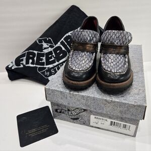 Freebird Bristol Blue Snake print Leather Stacked Block Heel Loafer Shoes Size 5